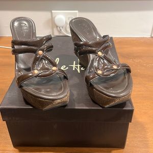 Cole Haan platform, cork wedge sandal. Size 8. Brown patent leather.